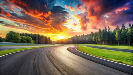 Naklejka premium A winding asphalt race track at sunset with a vibrant sky and lush green forest