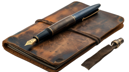  Notebook leather and fountain pen on transparent background.