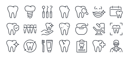 Dental care and stomatology editable stroke outline icons set isolated on white background flat vector illustration. Pixel perfect. 64 x 64.