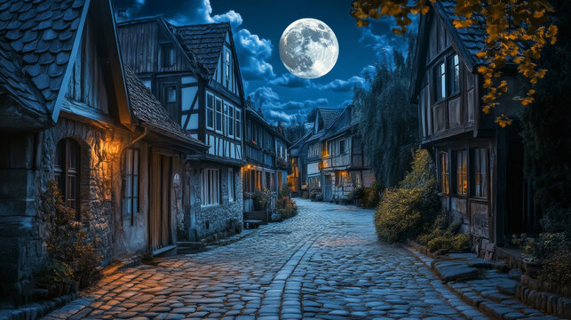 Medieval german street with half-timbered houses at night. Traditional european buildings in old town in moonlight. Vector cartoon landscape with fachwerk cottages, moon and stars on dark sky