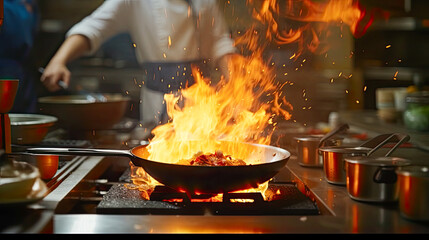 An exotic Asian dish is embraced by a flame of fire on a large w