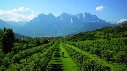 Fototapeta premium Cyclist Rides Through Orchard Towards Majestic Mountains