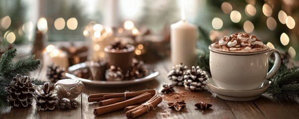 Rustic Christmas-themed food setup with cinnamon sticks and hot chocolate, warm and cozy holiday scene.