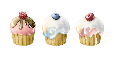 Cute cupcakes with berries clipart set. Watercolor hand painted food illustration isolated on white background for kids
