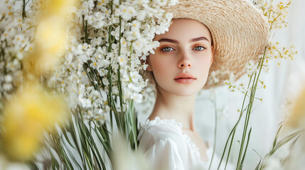 a serene portrait of a woman in a straw hat surrounded by delicate white flowers, soft sunlight creating a gentle glow, springtime atmosphere, natural elegance, floral composition, timeless beauty