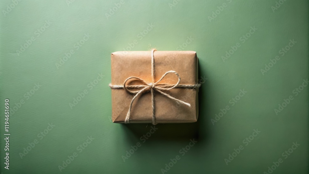 Poster a simple brown gift box tied with rustic twine on a green background