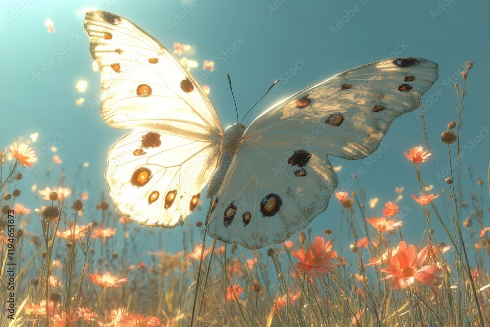 Poster a pale, ethereal butterfly delicately floats amidst a luminous field of flowers, encapsulating a dre