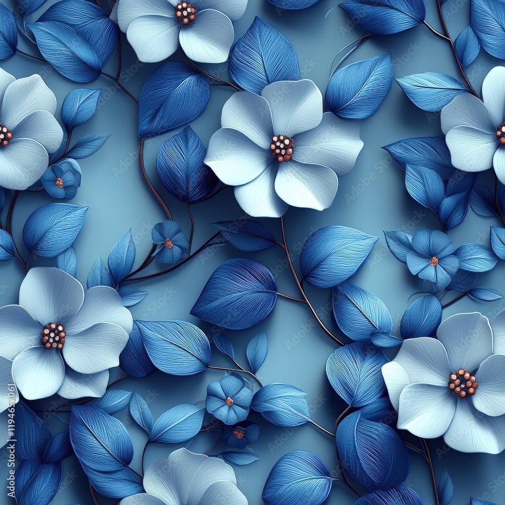 Poster beautiful blue floral embroidery design with papercut elements and 3d effects perfect for repeating 