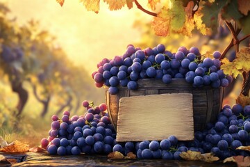 A barrel of grapes and a sign with a blank space on it