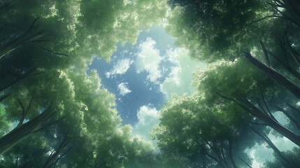 Obraz premium Looking Up at Green Tree Tops in a Peaceful Forest Canopy