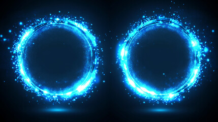 Obraz premium Blue round frames set isolated on transparent background. Vector realistic illustration of circular neon borders glowing with haze and shimmering particles, magic power effect, space portal design