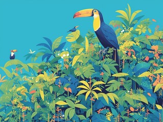 Obraz premium Toucan in lush tropical rainforest with vibrant flowers and foliage.