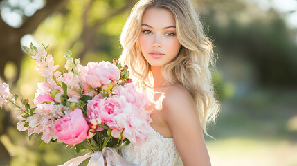 Obraz premium A bouquet of pink peonies tied with a silk ribbon 