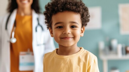 A young boy with curly hair enjoys a checkup in a cheerful clinic while a female doctor stands nearby, ready to assist him