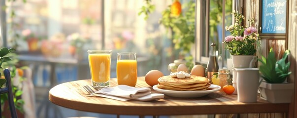 A breakfast cafe serving pancakes, scrambled eggs, and fresh orange juice, 4K photo.