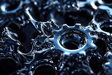 Close-up view of shiny metallic gears interlocked in a complex arrangement on a dark surface