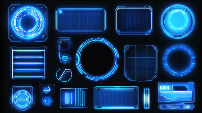 Futuristic tech game ui frames with glowing neon blue line on black background. User interfaces gaming overlays or sci fi visual hud elements. Circular and rectangular borders with digital details.