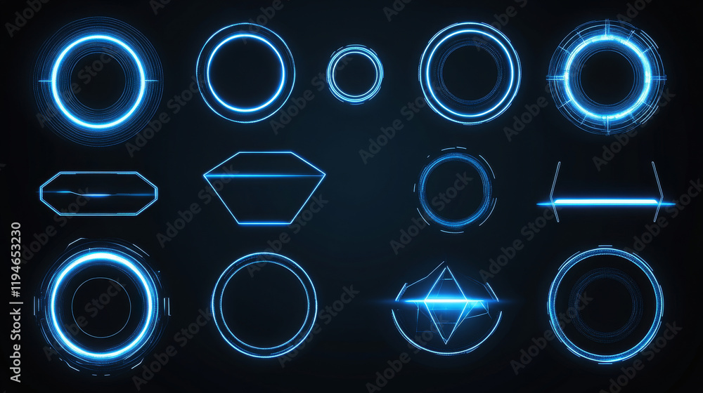 Poster futuristic glowing frames in neon blue set on dark background. geometric tech designs of oval, asymm
