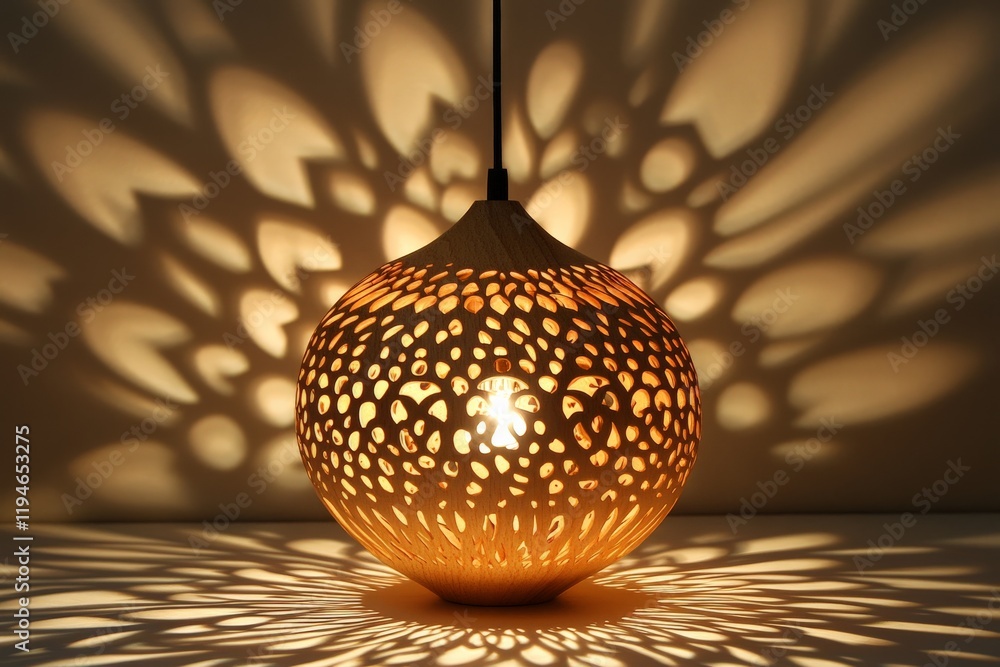 Poster A stunning spherical lamp features a lattice design casting beautiful and intricate shadow patterns on surrounding surfaces, creating a warm and inviting ambiance.