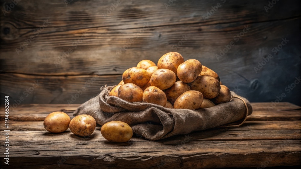 Aufkleber rustic still life featuring a burlap sack overflowing with freshly harvested potatoes on a weathered
