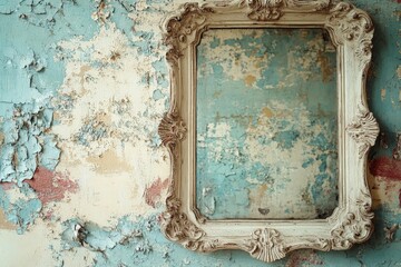 A vintage ornate mirror frame set against a peeling rustic wall, evoking a sense of nostalgia and antique charm, perfect for classic and vintage art enthusiasts.