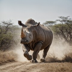 Fototapeta premium A rhino running forward on a white background.