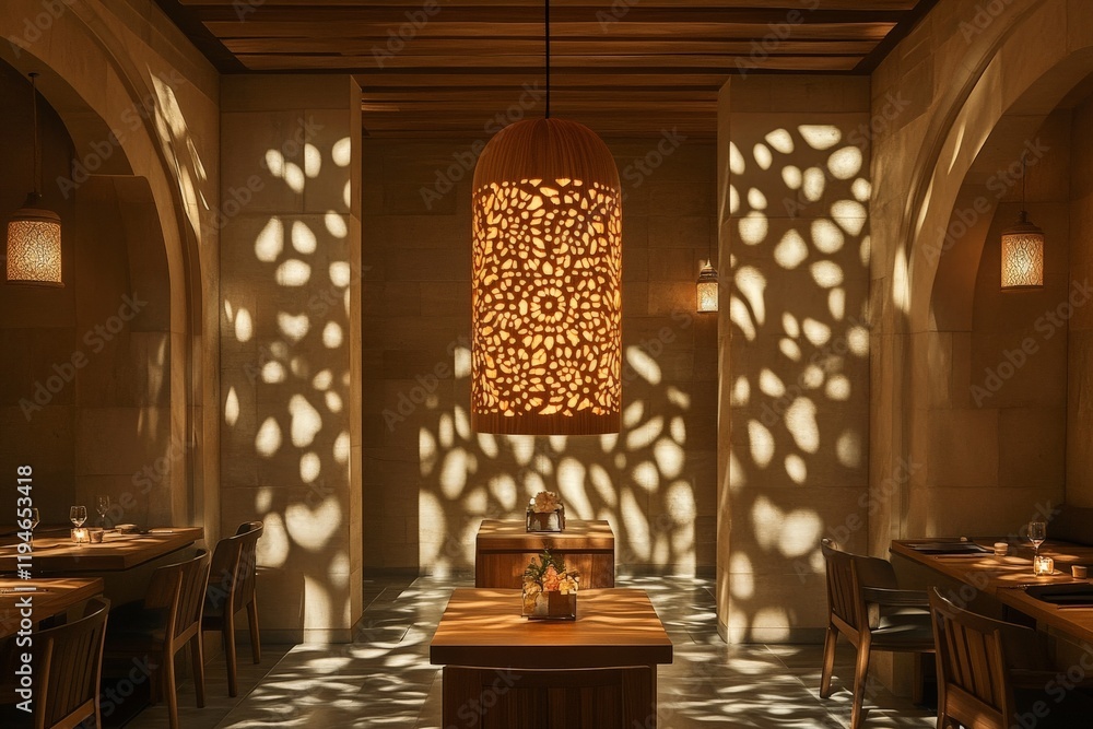 Poster an impressive cylindrical pendant light with detailed cut-out designs, casting complex shadows creat