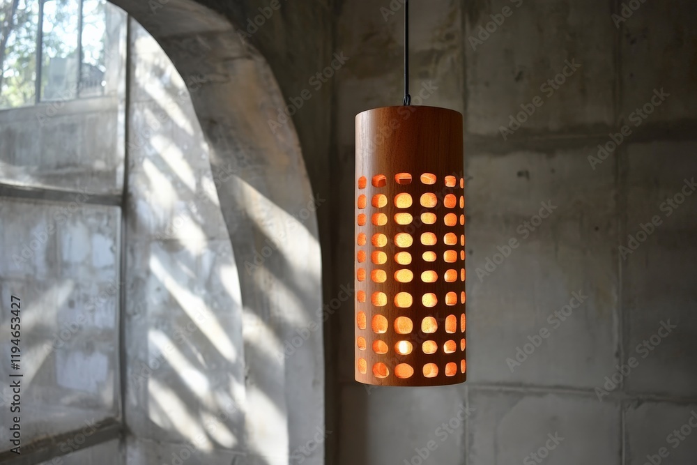 Poster A minimalist cylindrical pendant light with a checkered design casting subtle patterns of light and shadow, blending effortlessly into any modern space.