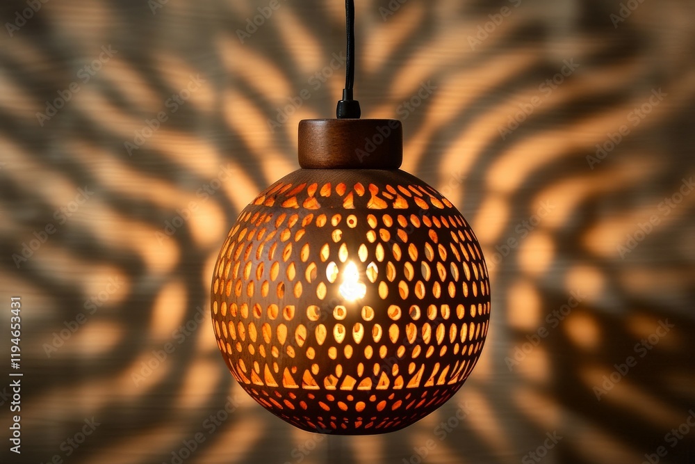 Poster A charming round pendant light with perforated design creating warm glow and swirling patterns of light and shadow, adding elegance to any room decor.