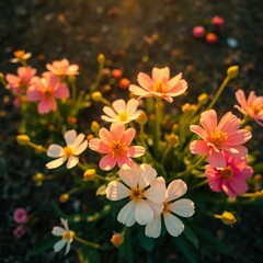 Overhead shot of spring flowers, warm golden hour lighting, top-down perspective, soft light, high-quality image, bright colors