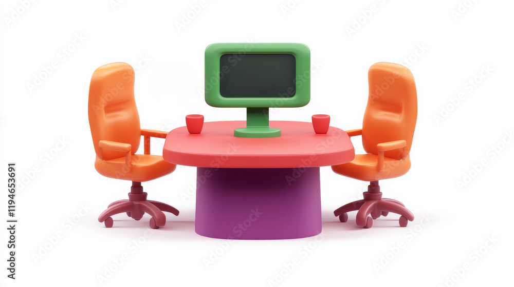 Poster a colorful office setup featuring a round table, two vibrant chairs, and a computer monitor, designe