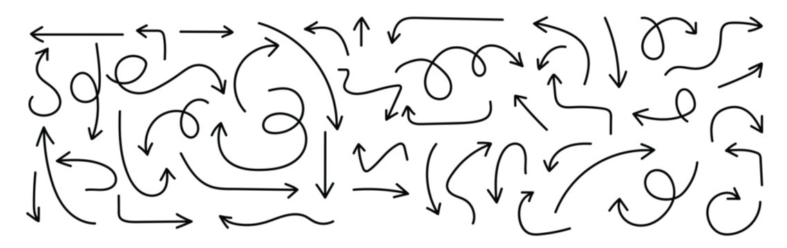 Hand drawn arrows icon set. Sketch curved arrows design. Arrow handmade. Doodle arrows of varios shapes and directions. Pointer and cursor icons.