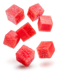 Watermelon cubes levitating in air on white background. File contains clipping paths.