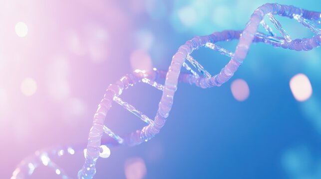 Dynamic and colorful 3D render of a double helix DNA structure glowing against a bokeh blue backdrop depicting the essence of life and genetics - Powered by Adobe