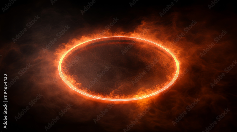 Poster neon luminous ring frame with pink and orange gradient cloud or smoke and sparkle. realistic vector 