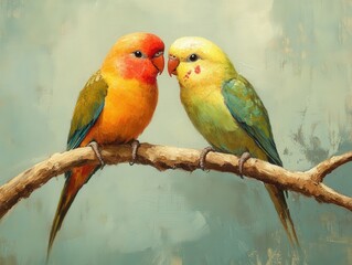 Fototapeta premium Two colorful parrots on a branch together.
