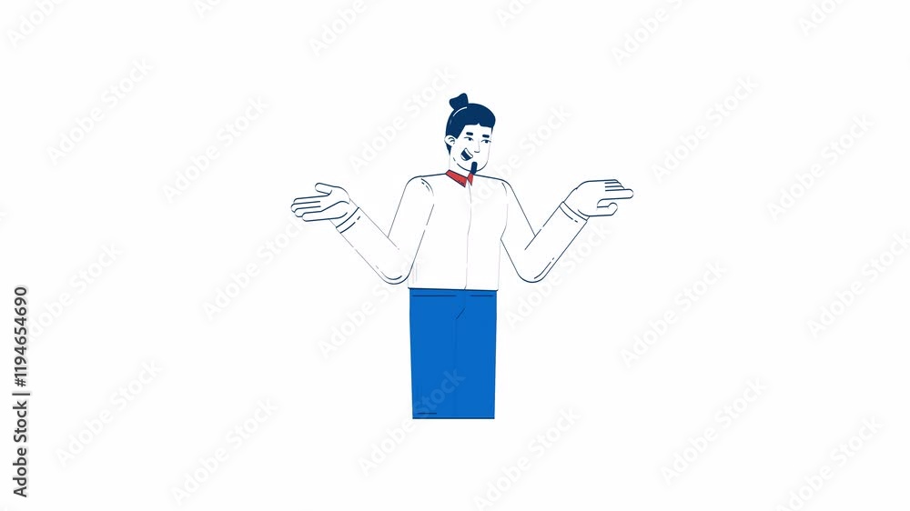 Poster professional man gesturing with open hands and pointing 2d character doodle animation. corporate com