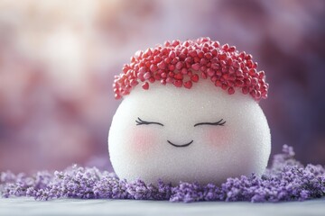 Obraz premium A round sugar-textured face with a smile wears a vibrant berry-adorned crown, lying on a bed of lavender, representing joy and tranquility in a dreamy setting.