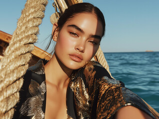model in a black jumpsuit with gold accents, lounging on a vintage fishing boat