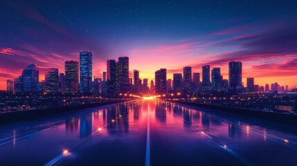 Fototapeta premium Vibrant Sunset Cityscape with Reflective Water Road and Skyscrapers Under a Colorful Sky at Dusk, Enveloping Urban Landscape in Exquisite Twilight Colors