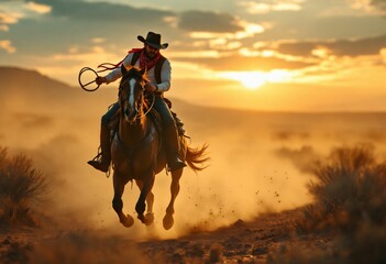 Dynamic western sunset scene with rider on galloping horse in dusty desert landscape. Dramatic silhouette of cowboy against golden sky. Authentic ranch lifestyle captured in motion