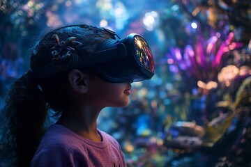 A young girl immersed in a virtual reality experience, exploring an underwater world filled with colorful marine life. The vivid VR headset transports her to another realm.