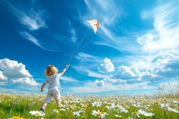 A child flies a colorful kite in a tranquil daisy-filled meadow, beneath a bright blue sky and fluffy clouds, capturing the essence of joyful and carefree play.
