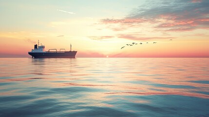 Naklejka premium Serene Sunset over the Ocean with a Cargo Ship