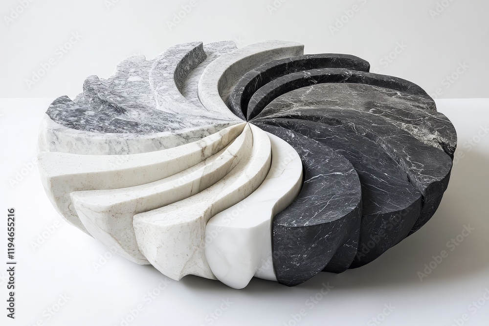 Poster a striking marble sculpture composed of intricate black and white swirling patterns that form a harm