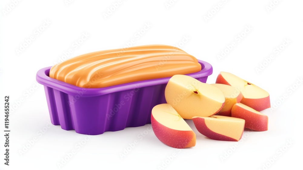 Poster a colorful purple container holds a loaf topped with orange, alongside sliced red apples, creating a