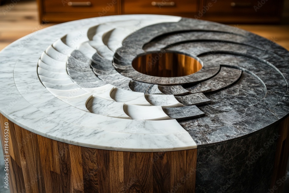 Leinwandbilder a marble table featuring an intricate design of layered spiral patterns in contrasting shades of whi
