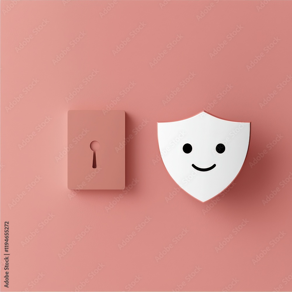 Poster mobile payment security platform concept. a playful shield icon next to a keyhole on a soft pink bac