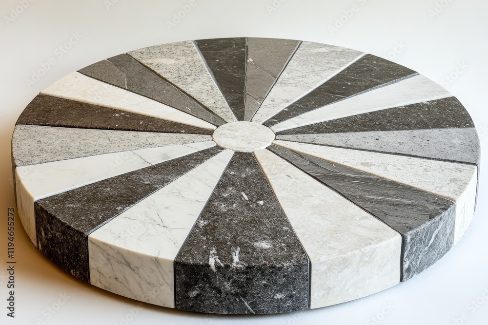 Aufkleber this image captures a circular stone piece with radial black, gray, and white patterns converging at