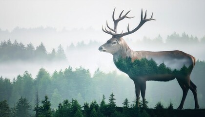 Majestic deer silhouette, misty forest background, serene nature scene